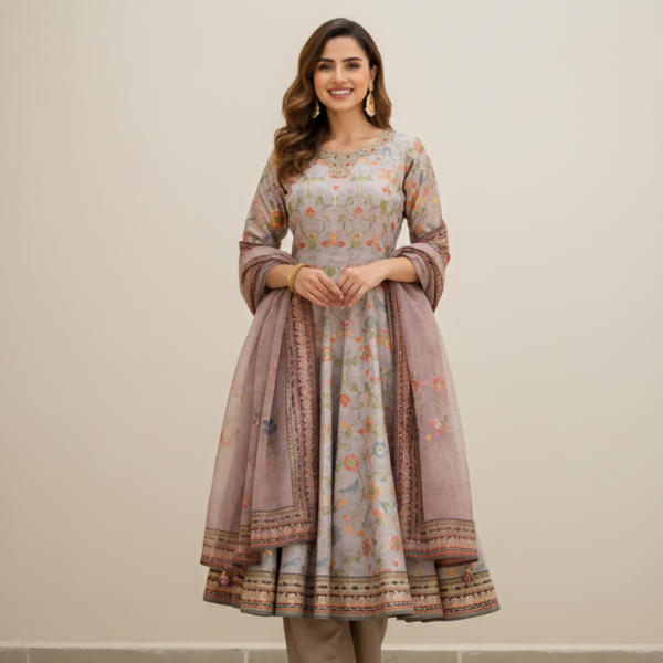 Functional Designer Grey Jam Silk Anarkali suit with Dupatta-Anbazaar - Distacart
