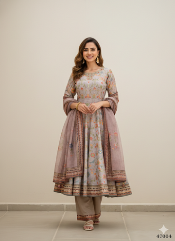 Functional Designer Grey Jam Silk Anarkali suit with Dupatta-Anbazaar - Distacart