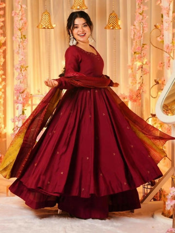 The52 Women's Beautiful Printed Work Viscose Fabric Flared Anarkali Palazzo and Dupatta Set - Dista