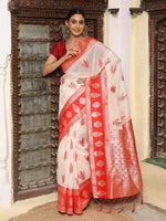 Thumbnail for Astita White & Red Linen Cotton Saree