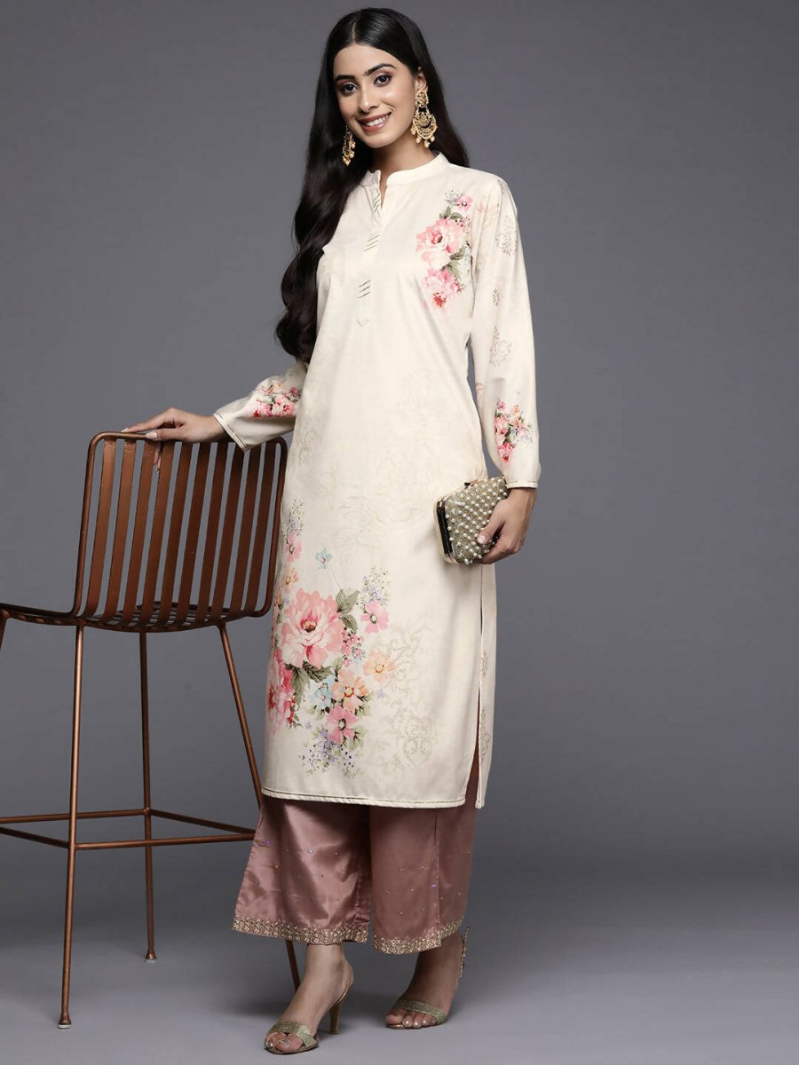 Ahalyaa Women Cream-Coloured & Pink Floral Printed Gotta Patti Floral Velvet Kurta - Distacart