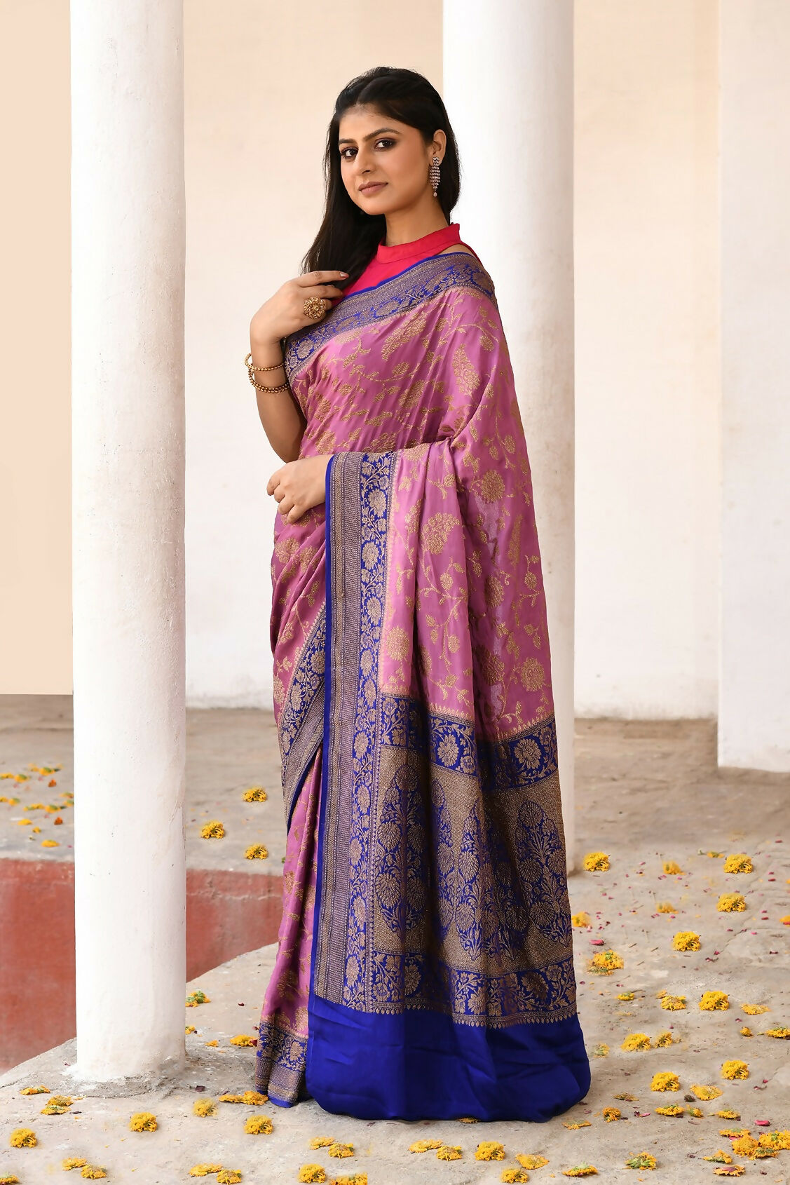 Joban Fashion Nude Pink Crepe Chiffon Pure Handloom Banarasi Silk Saree