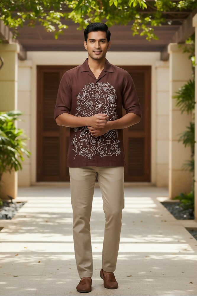 Botan — Brown Embroidered Cotton Shirt by Hilo Design - Dista