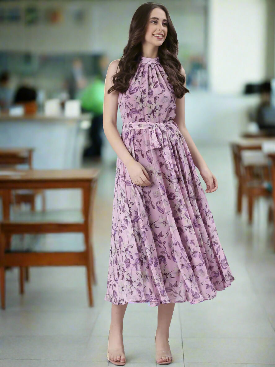 Souchii Lavender Floral Chiffon Dress -Souchii