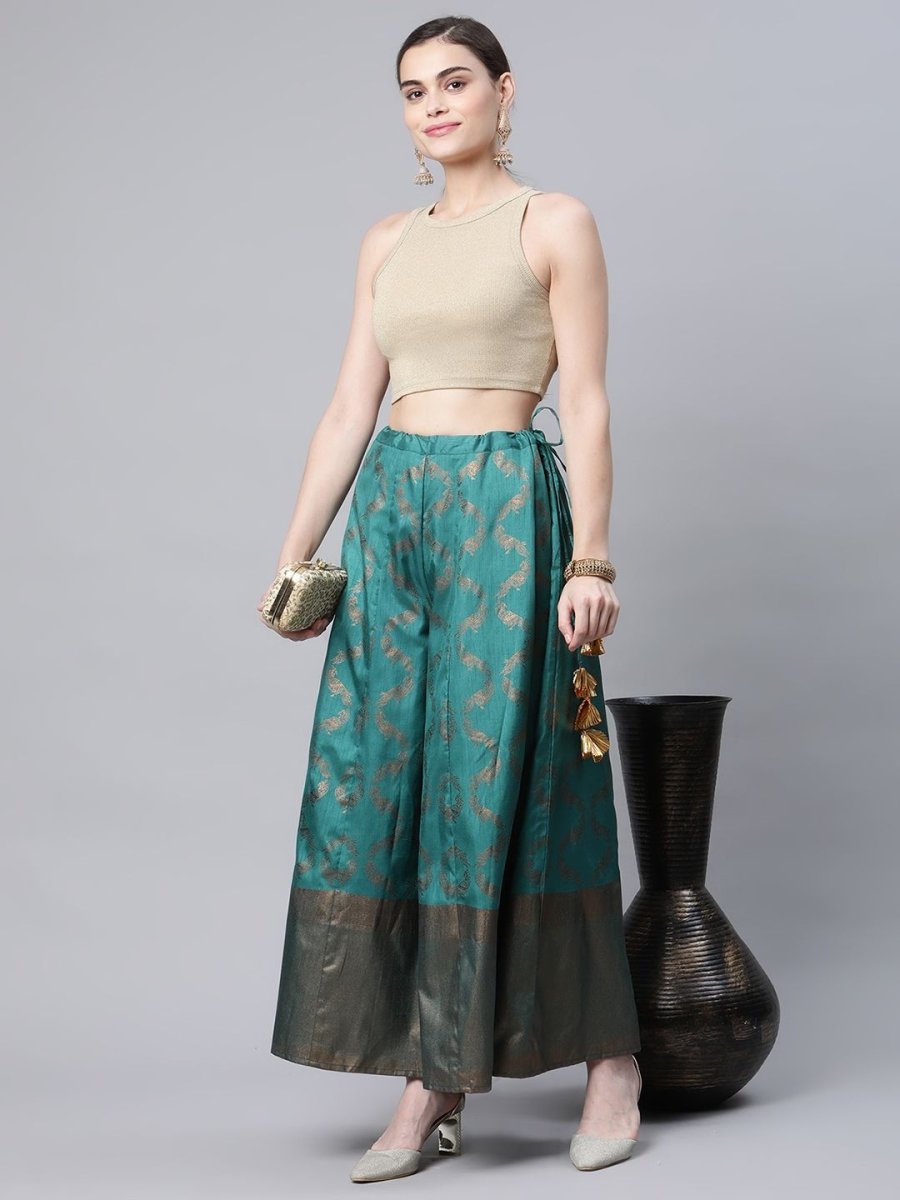 Ahalyaa Womens Green Poly Silk Gold Foil Print Free Size Palazzo - Distacart