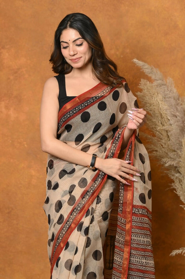 Very Much Indian Handblock Printed Cotton Saree With Natural Dyes - White - Distacart