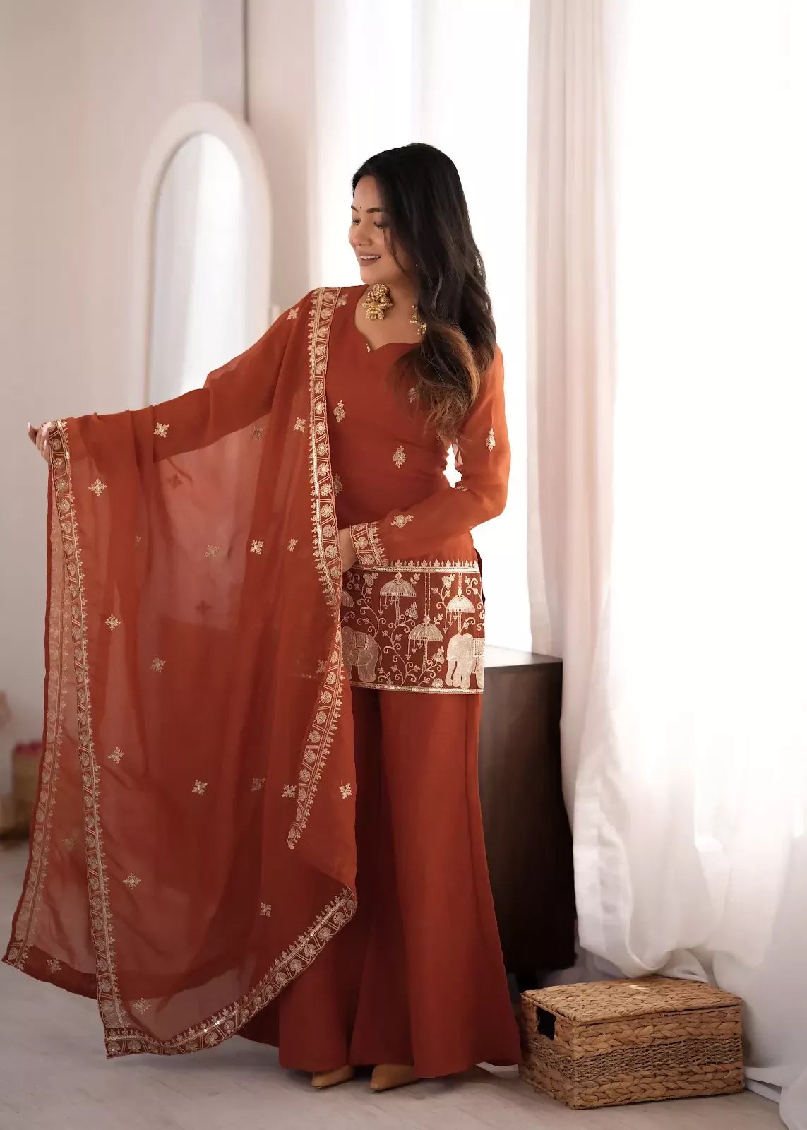 Teeya Creation Rust Embroidered Kurti Set with Dupatta & Pants - Dista