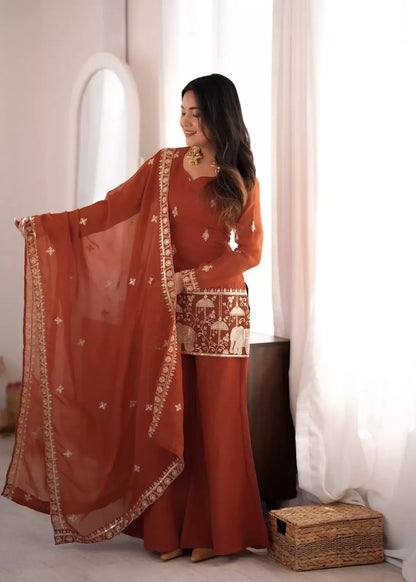 Teeya Creation Rust Embroidered Kurti Set with Dupatta & Pants - Dista