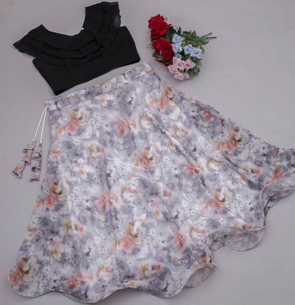 Preksha Creation Indian Festive Georgette Digital Print Women Lehenga Choli And Crop Top - Black & White - Distacart