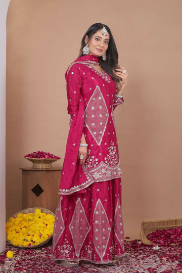 Teeya Creation New Womens Trendy Rani Pink Silk Blend Embroidered Sharara Suit Set With Dupatta - Dista