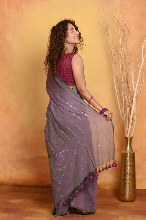 Very Much Indian Designer Mul Cotton Handloom Saree with Sequins - Dual Tone Lavender - Distacart