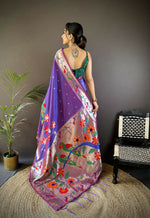 Thumbnail for Joban Fashion Purple Zari Woven Floral Motifs Soft Silk Paithani Silk Saree - Distacart