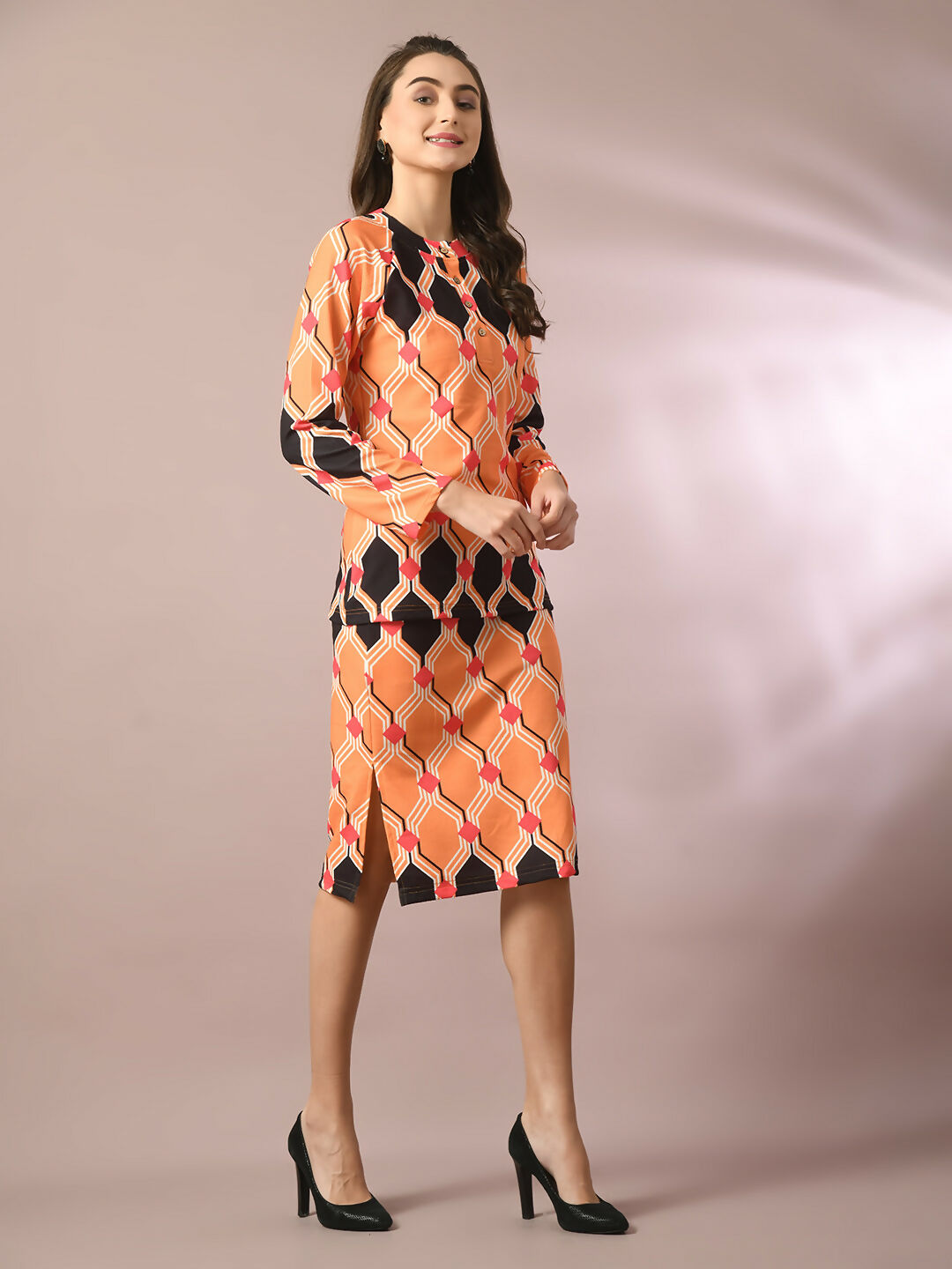 Myshka Women's Multi Printed Round Neck Party Top With Skirt Co-ord set - Distacart
