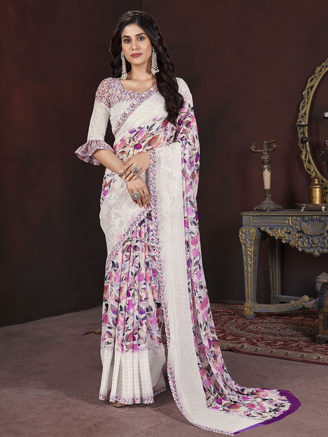 Mitera Floral Printed Pure Georgette Saree - Distacart