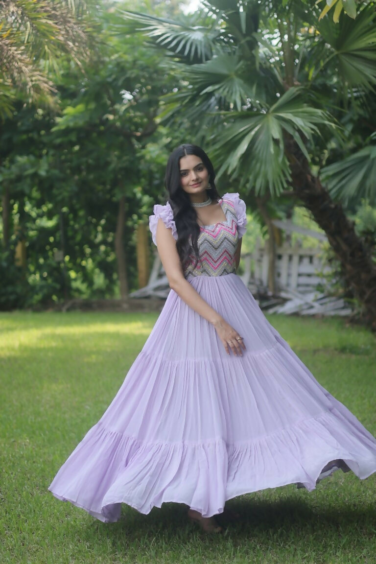 Jyoti Fashion Women's Purple Sequins Thread Embroidery Faux Georgette Anarkali Dress - Distacart