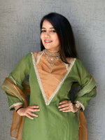 Thumbnail for Anaita Parrot-Green Roman Shimmer Readymade Kurti Set with Designer Handwork - Distacart