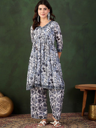 Sangria Printed Kurta With Palazzo - Distacart