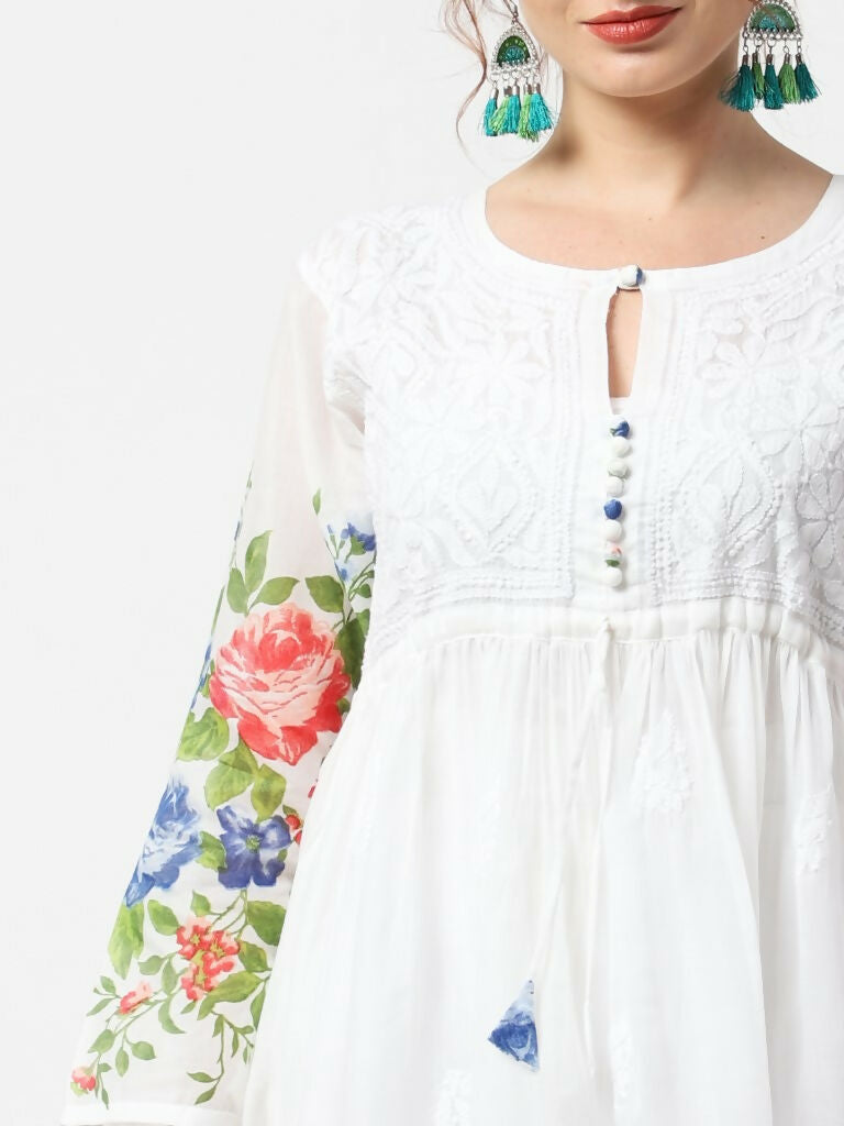 Cheera Women Stylish Hand Chikenkari And Digital Printe Cotton Organza Flared Anarkali Kurta - White - Distacart