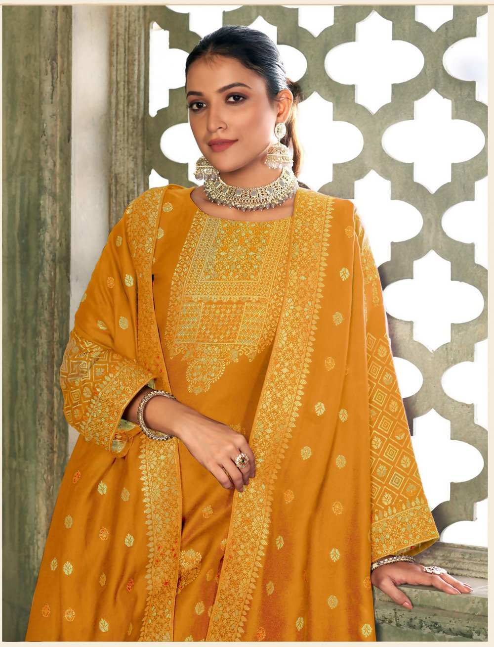 Mustard Viscose Pasmina Mina Work Kurta & Bottom with Dupatta - Paridhi - Distacart