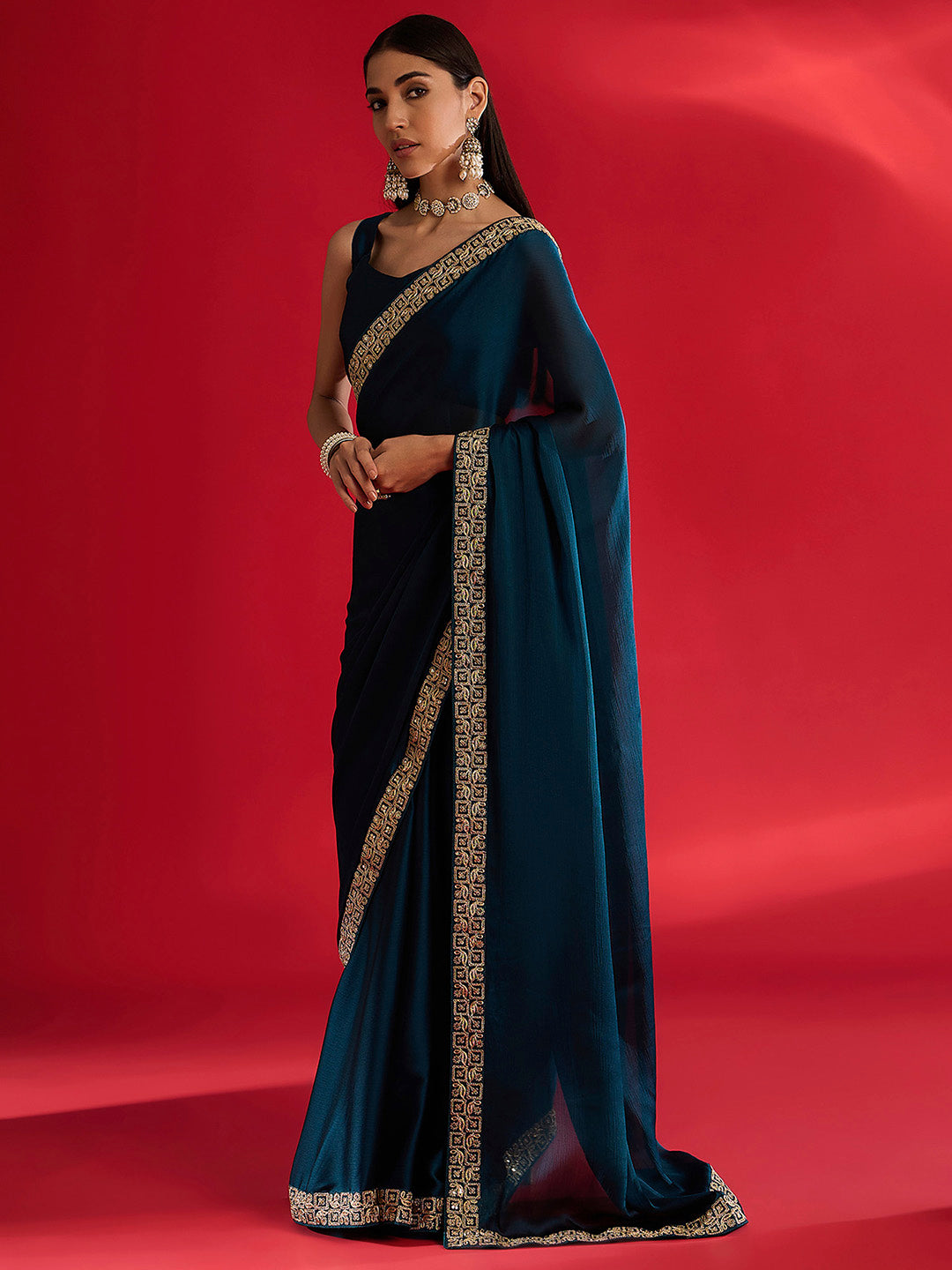 NOZ2TOZ Women's Satin Blue Embellished Designer Saree With Blouse Piece - Distacart