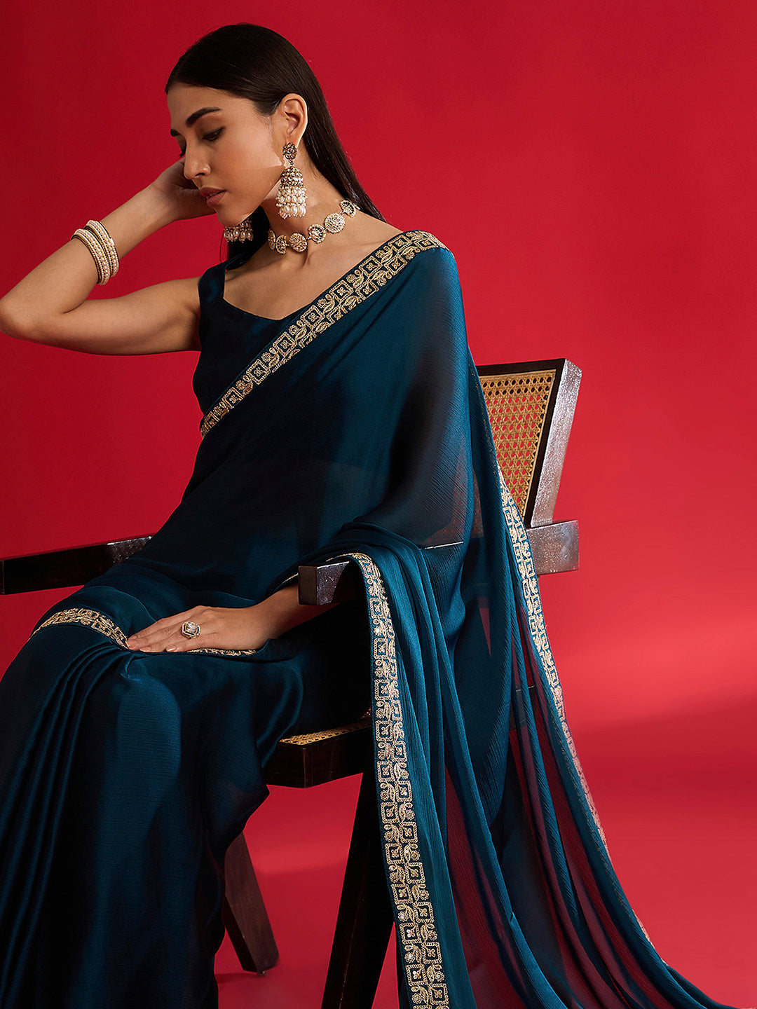 NOZ2TOZ Women's Satin Blue Embellished Designer Saree With Blouse Piece - Distacart