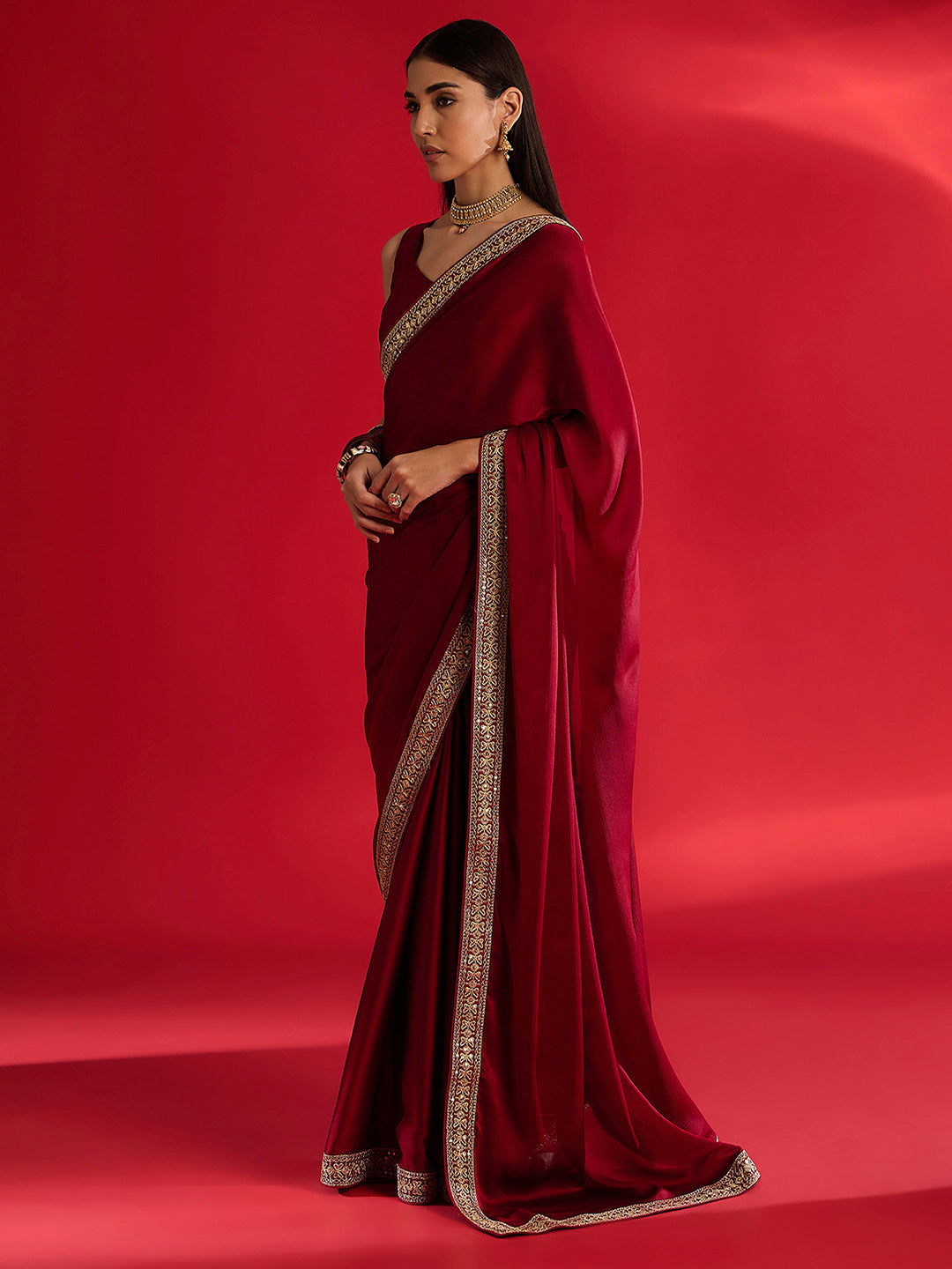 NOZ2TOZ Women's Satin Maroon Embellished Designer Saree With Blouse Piece - Distacart