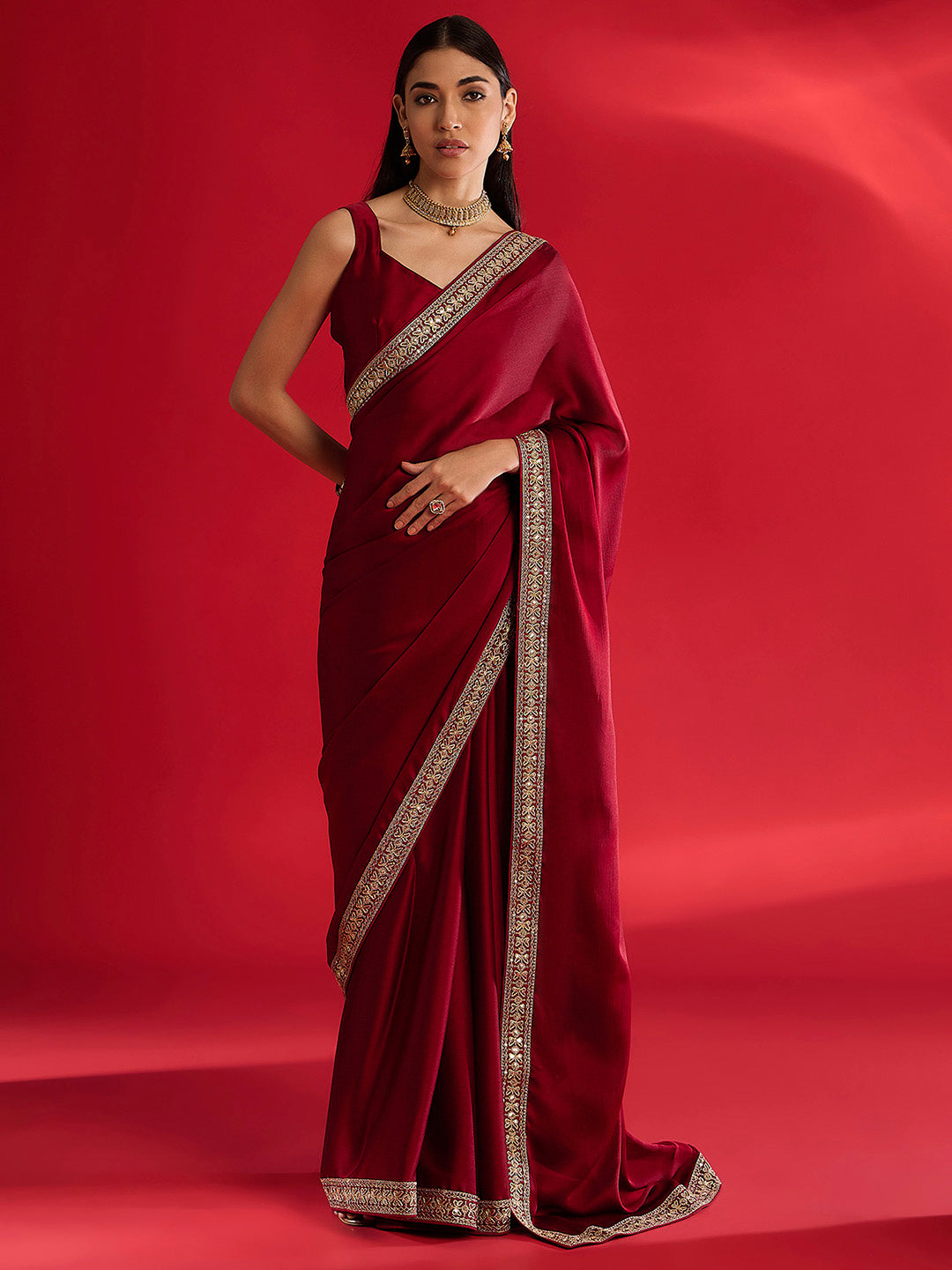NOZ2TOZ Women's Satin Maroon Embellished Designer Saree With Blouse Piece - Distacart