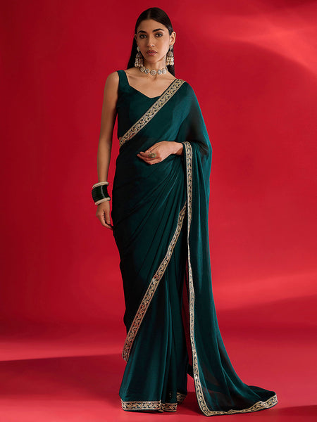 NOZ2TOZ Women's Satin Teal blue Embellished Designer Saree With Blouse Piece - Distacart