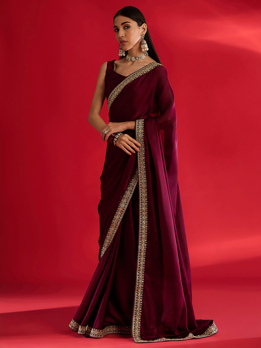 NOZ2TOZ Women's Satin Magenta Embellished Designer Saree With Blouse Piece - Distacart