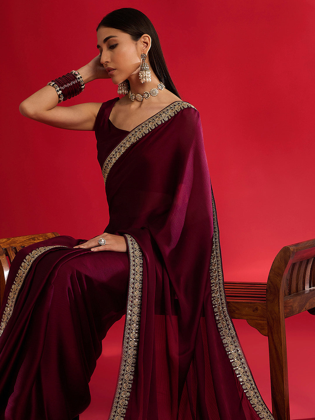 NOZ2TOZ Women's Satin Magenta Embellished Designer Saree With Blouse Piece - Distacart