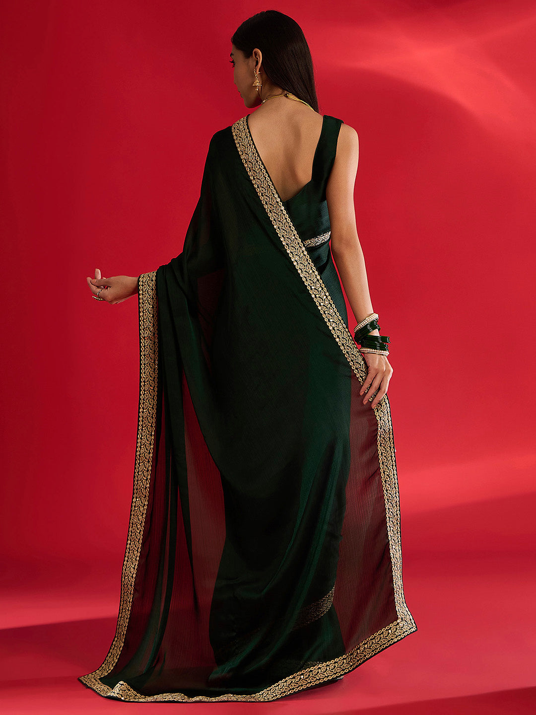NOZ2TOZ Women's Satin Dark Green Embellished Designer Saree With Blouse Piece - Distacart