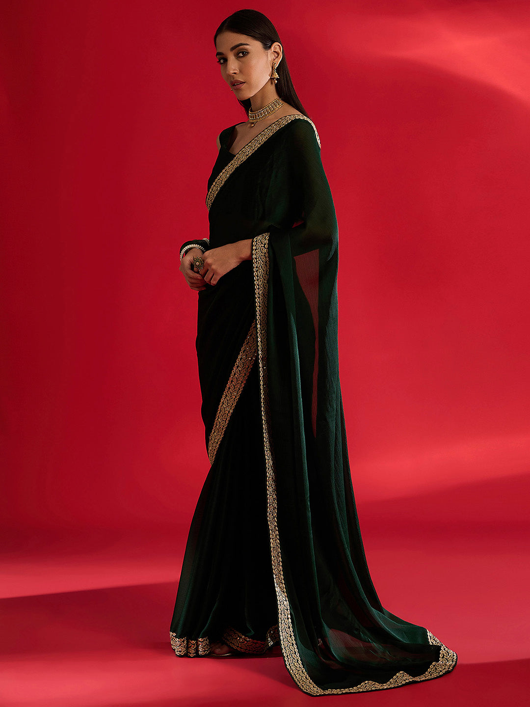 NOZ2TOZ Women's Satin Dark Green Embellished Designer Saree With Blouse Piece - Distacart