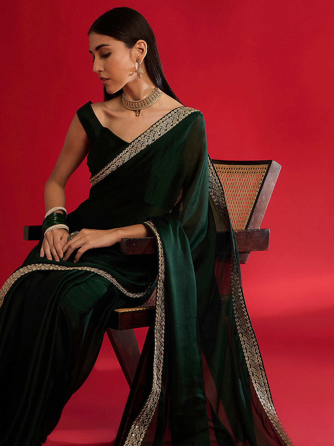 NOZ2TOZ Women's Satin Dark Green Embellished Designer Saree With Blouse Piece - Distacart