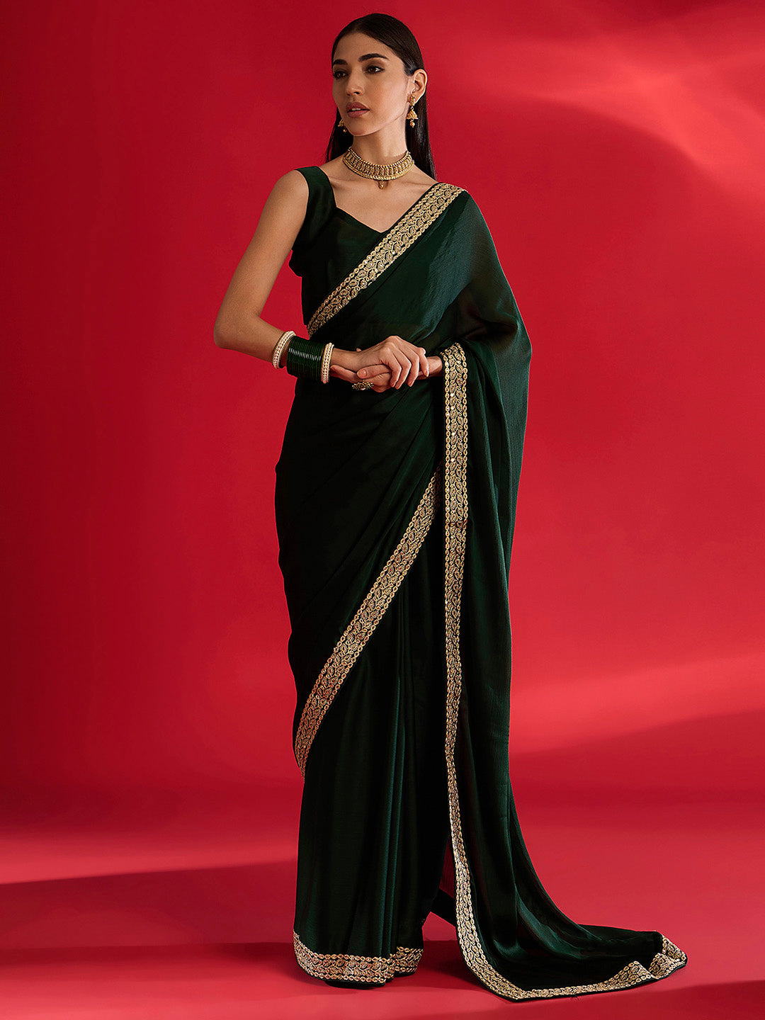 NOZ2TOZ Women's Satin Dark Green Embellished Designer Saree With Blouse Piece - Distacart