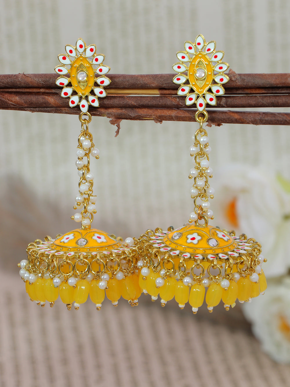 Stylish Partywear Yellow Meenakari Jhumki Earrings for Womens by House of Ree - Distacart