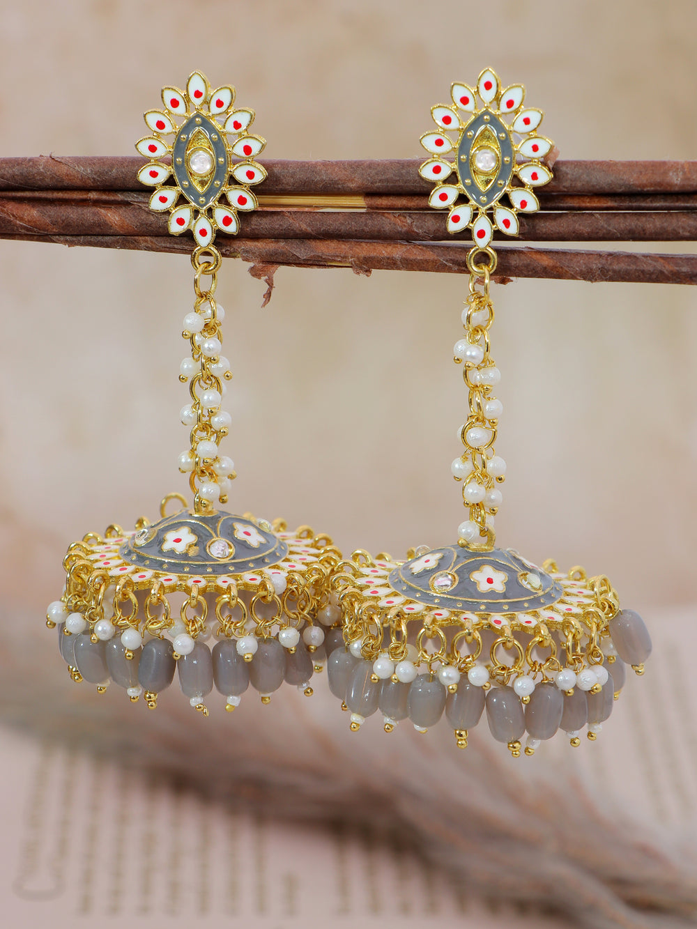 Stylish Partywear Gray Meenakari Jhumki Earrings for Womens by House of Ree - Distacart
