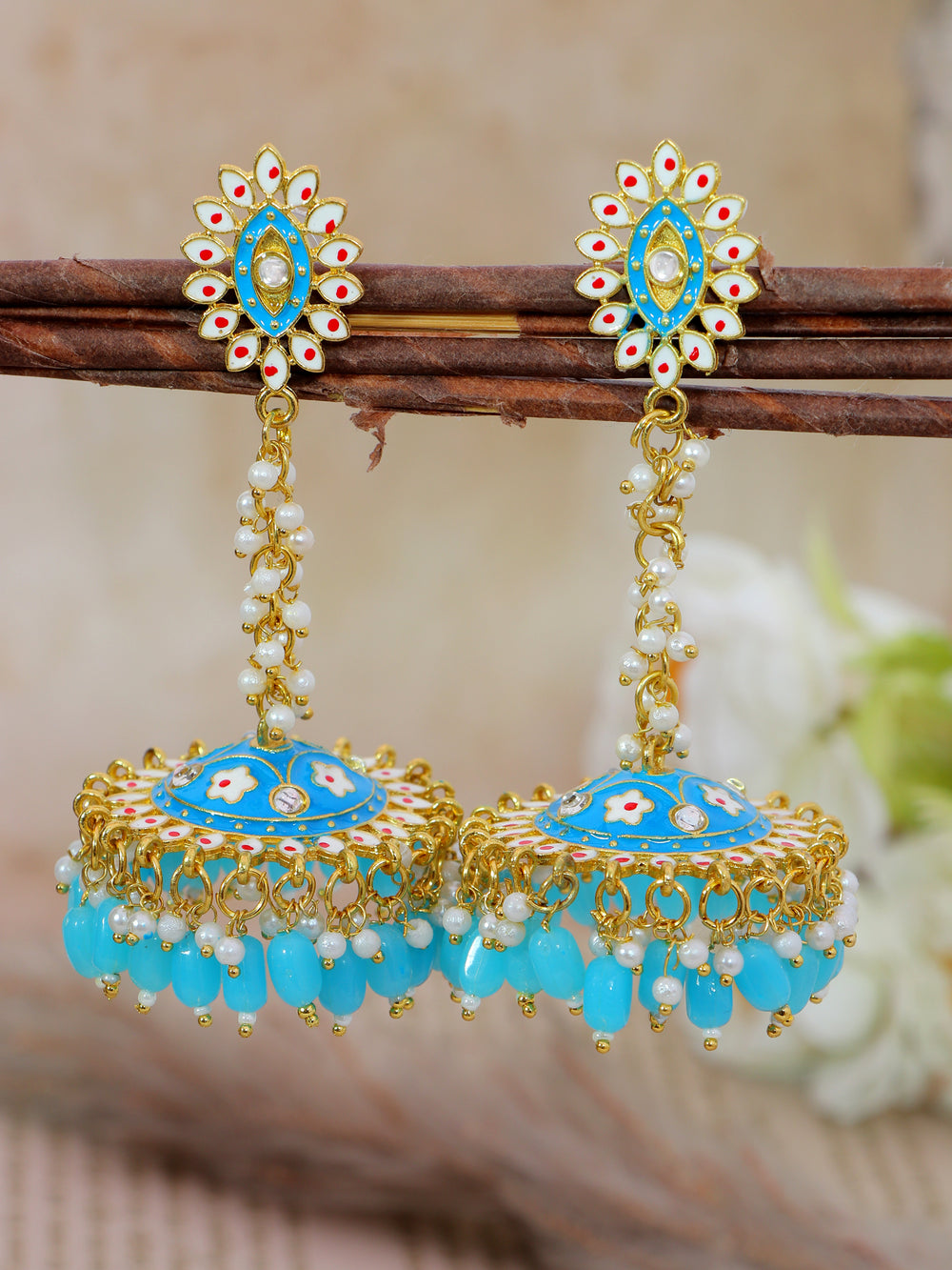 Stylish Partywear Sky Blue Meenakari Jhumki Earrings for Womens by House of Ree - Distacart