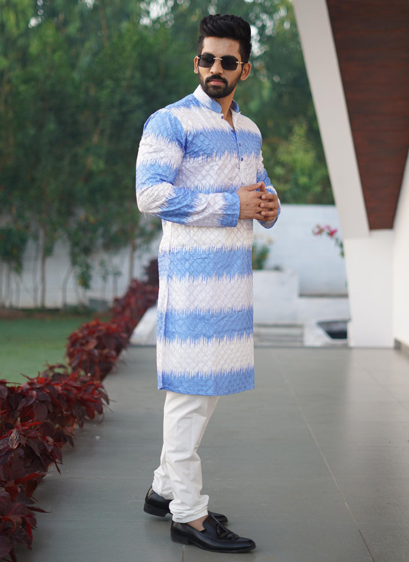 Prazu Fashion Blue Cotton Embroidered Shading Print Kurta