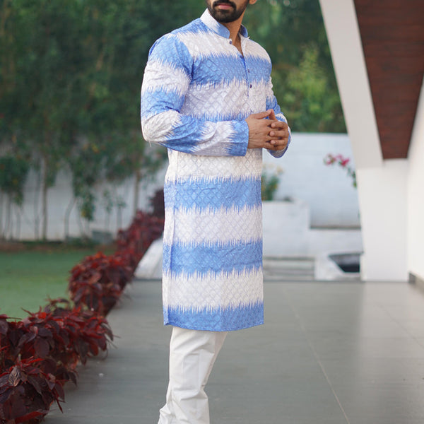 Prazu Fashion Blue Cotton Embroidered Shading Print Kurta