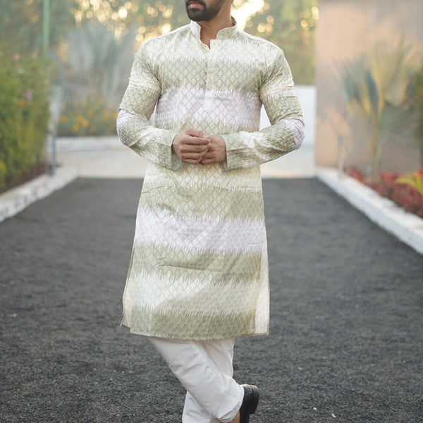 Prazu Fashion Mahendi Cotton Embroidered Shading Print Kurta