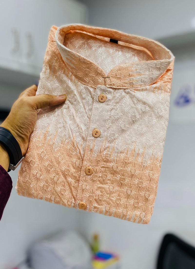 Prazu Fashion Light Orange Cotton Embroidered Shading Print Kurta