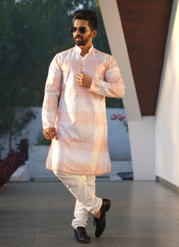 Prazu Fashion Light Orange Cotton Embroidered Shading Print Kurta - Distacart