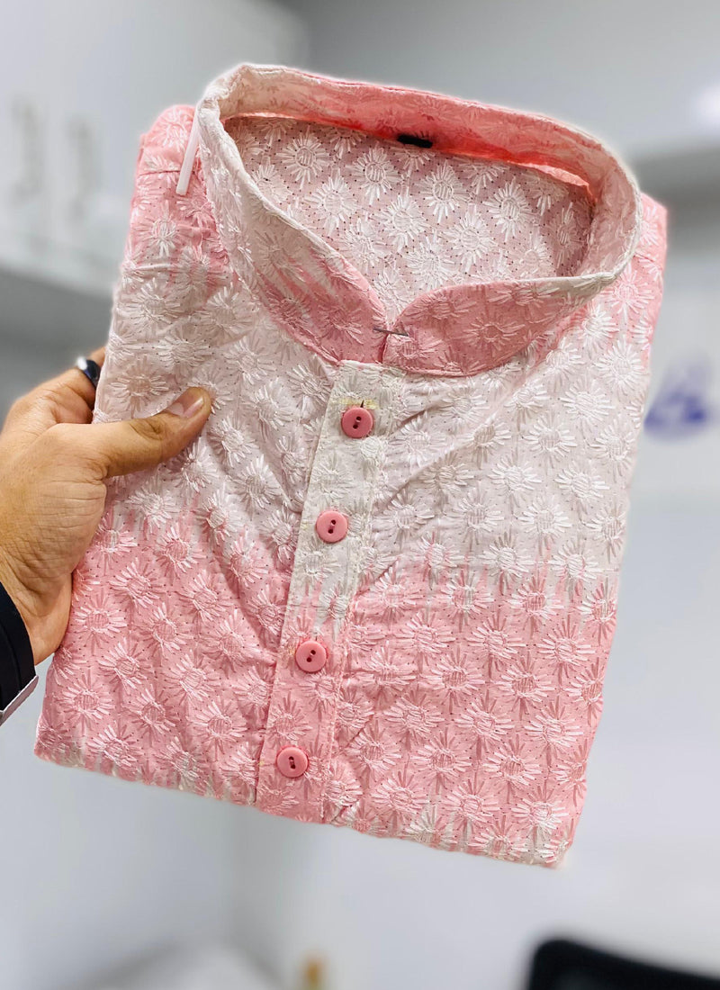 Prazu Fashion Light Pink Cotton Embroidered Shading Print Kurta