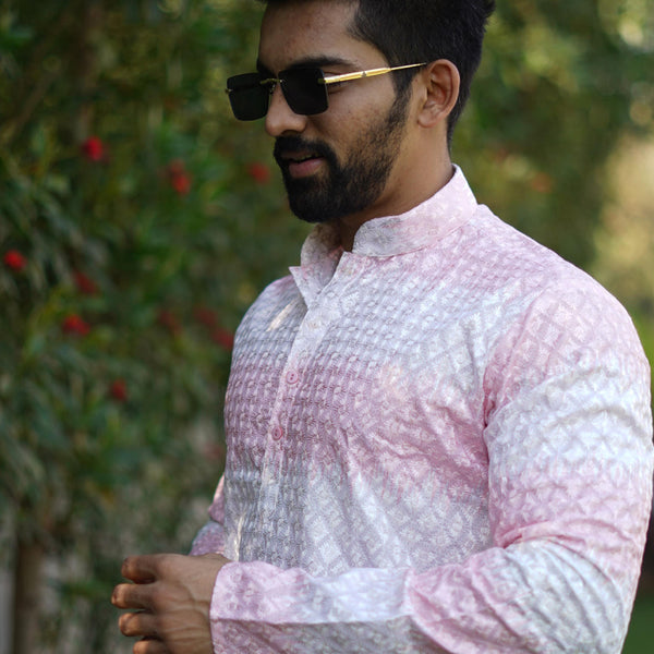 Prazu Fashion Light Pink Cotton Embroidered Shading Print Kurta