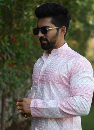 Prazu Fashion Light Pink Cotton Embroidered Shading Print Kurta