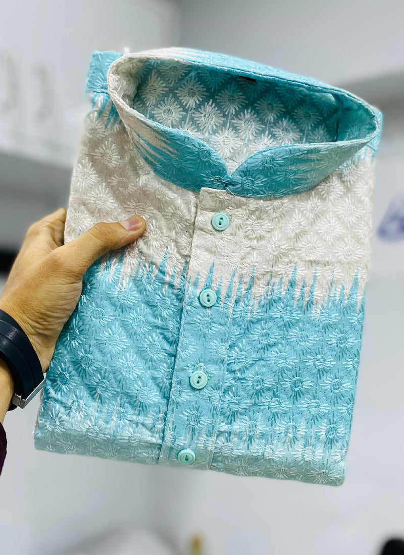 Prazu Fashion Sky Blue Cotton Embroidered Shading Print Kurta