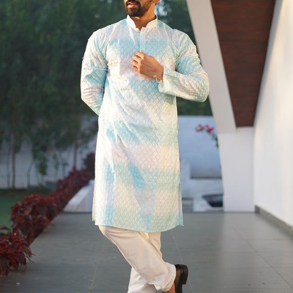Prazu Fashion Sky Blue Cotton Embroidered Shading Print Kurta
