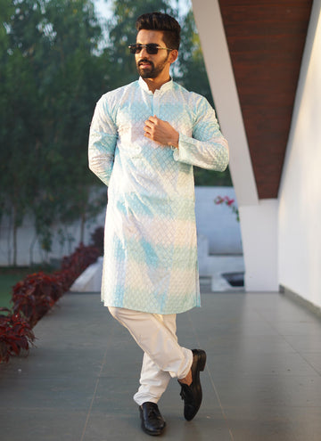 Prazu Fashion Sky Blue Cotton Embroidered Shading Print Kurta - Distacart