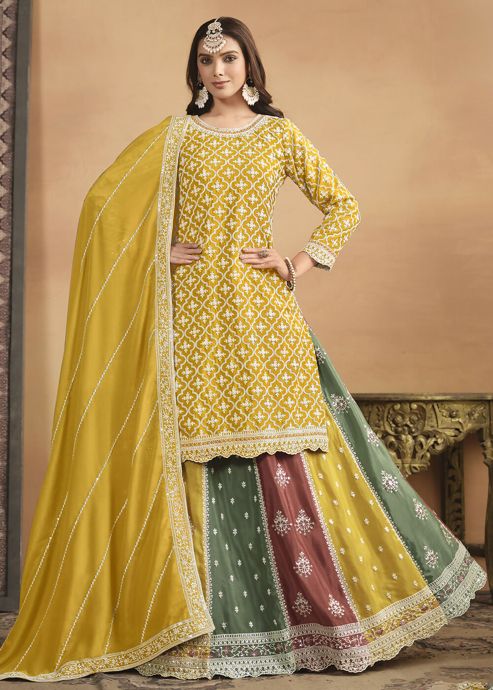 Chinnon Yellow Multicolor Embroidered Lehenga Style Suit - Emponline - Distacart