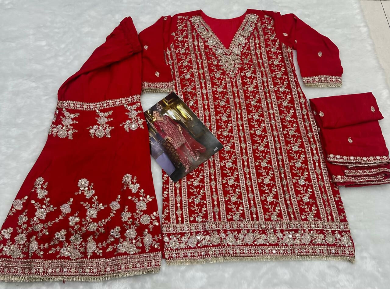 Aarshi Fashions Red Chinon Silk Full Stitched Wedding Suits